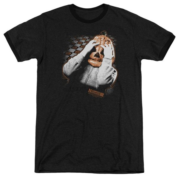 

halloween ringer t-shirt worried pumpkin mask black tee