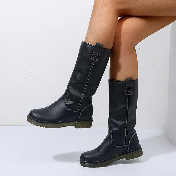 

boots 2021 women leahter knee high fashion folding slip on winter casual low heels long slim ladies, Black