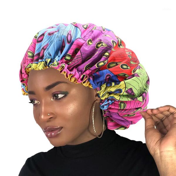 

big african print ankara sleep bonnet women head cover silky stain elastic cap ladies head wrap hat hair accessories new fashion1