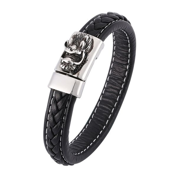 

chinese dragon head leather bracelet with magnet clasp men jewelry fashion birthday party gift bb0356, Golden;silver