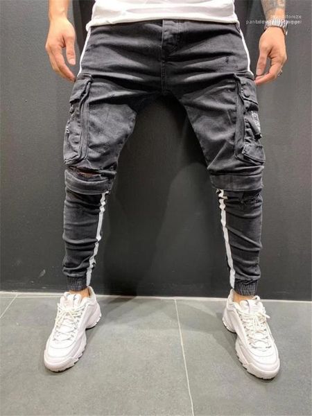 

mens jeans casual skinny jeans males clothing letter print mens designer jeans fashion big pocket ripped, Blue