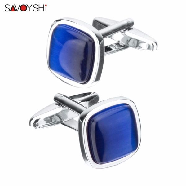 

SAVOYSHI Blue Opal Stone Cufflinks for Mens Shirt Cuffs High Quality Square Cuff links Wedding Grooms Gift Free DIY Jewelry, Silver;golden