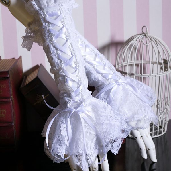 

lolita victorian women elegant long gloves steampunk white hollow out lace-up gloves lace cuff, Blue;gray