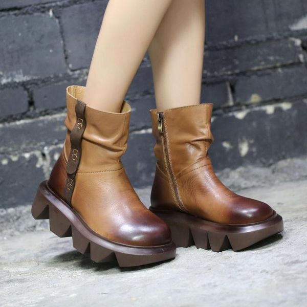 

johnature women boots zip 2020 new winter women shoes genuine leather round toe handmade leisure concise ankle platform boots, Black