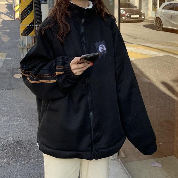 

hoodie women zip-up turn-down collar printed pocket long sleeve korean style trendy ulzzang harajuku womens daily hoody clothes, Black