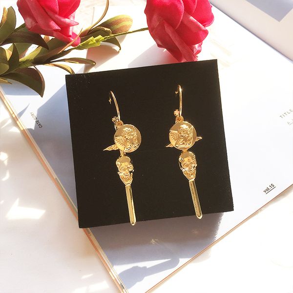 

hoop & huggie so european punk alloy round angel emboss disc long devil pendant women earrings choc gold color female hiphop jewelry, Golden;silver