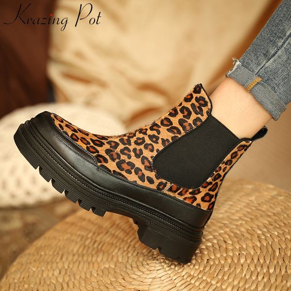

krazing pot luxury horsehair leopard high heel platform round toe fur motorcycle boots winter shoes brand dress ankle boots l36, Black