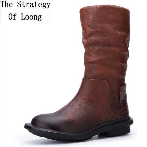 

winter retro simple women genuine leather mid equestrian boots lady motorcycle botas ladies plush sewing mid-calf boots 191029, Black
