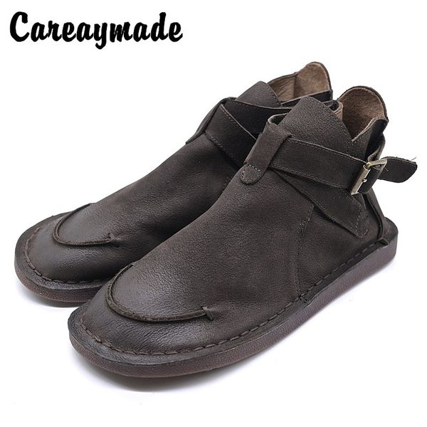 

careaymade-new color rubbed soft cow leather belt buckle comfortable versatile flat sole personalized women's short boots, Black