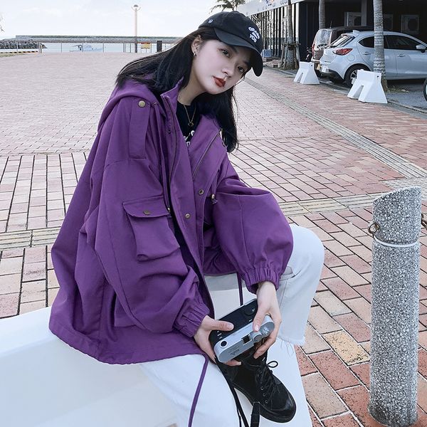 

vintage hong kong style short jacket for women casual loose solid color cargo coat all match hooded jackets, Black;brown