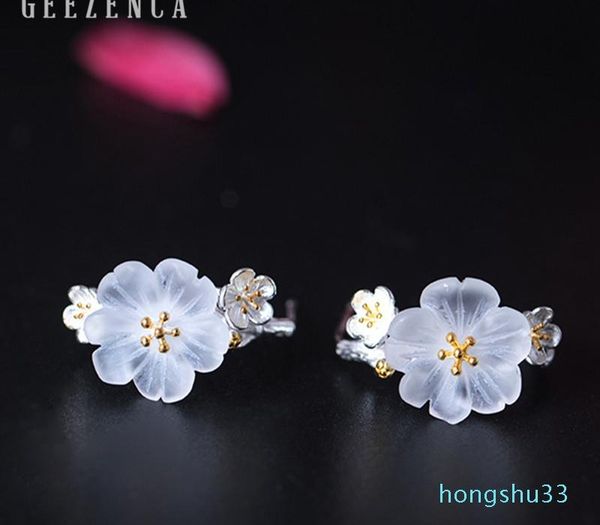 

925 sterling silver crystal flower stud earrings fine jewelry for women aestheticism plum blossom simple vintage earring11, Golden;silver