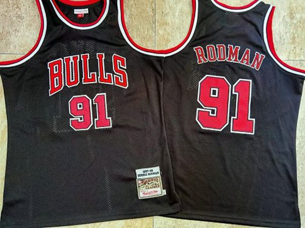 

rodman throwback chicago bulls jersey 91 dennis rodman mitchell ness vintage hardwood classics black basketball jerseys, Black;red