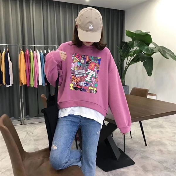 

a1194 blue tree blue tree fashionable colored printing stitching sweater underpack lower package lower packagebottom women's fake two-p, Black