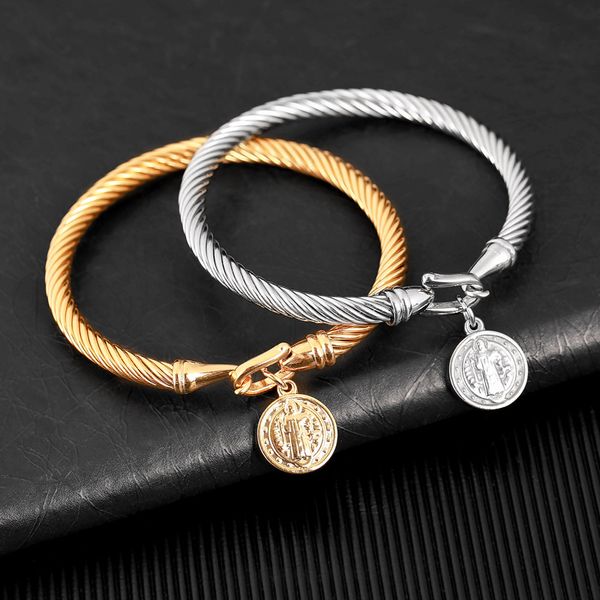 

wendyfo new arrive stainless steel cross bracelet bangle for women gold silver color charm round religious bracelet jewelry gift, Black
