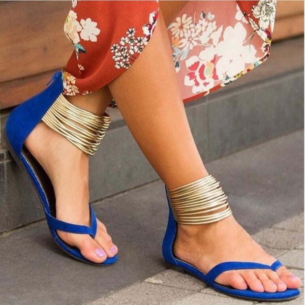 

women 2020 summer casual flat sandals plus size flip flops female flock metal decoration zipper ankle wrap shoes leisure shoes y200620, Black