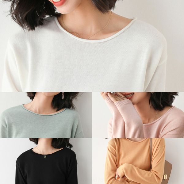 

autumn and winter new round neck solid color loose pullover pullover pullover sweater all-match thin v-neck sweater knitted bottoming shirt, White;black