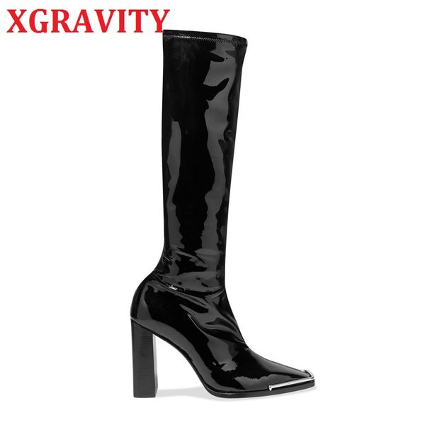 

xgravity fashion super high heel chunky heel boots metal square toe shoes elegant fashion women shoes ladies s008, Black