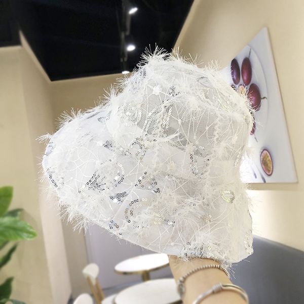 

sequined fisherman hat women's spring and summer thin transparent sunshade large brimmed feather japanese-style bucket hat, Blue;gray