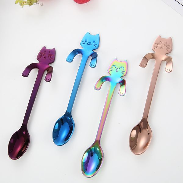 

spoons 5pcs/lot cute cat teaspoons stainless steel cartoon creative ice cream dessert long handle coffee& spoon tableware