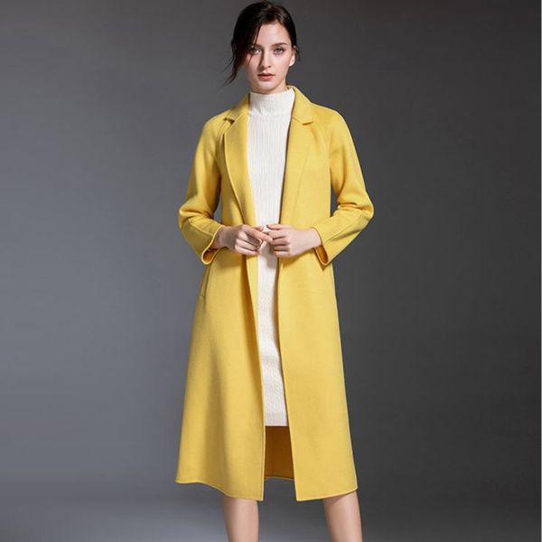 

woolen female double faced cashmere overcoat v-neck waistband coats with belt long oat winter coat yellow medium overcoat, Black