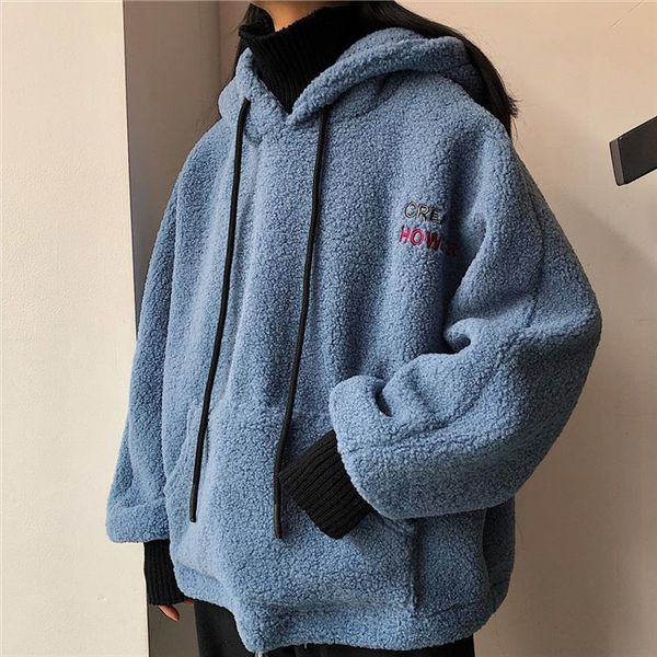 

korean ins harajuku vintage lamb hair hooded ulzzang female winter loose plus velvet thick fashion casual female sweatshirt, Black
