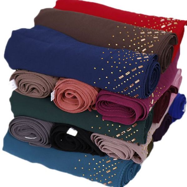 

scarves plain pearl chiffon women muslim hijab scarf and shawl wrap glitter rhinestone turkish diamonds headband tudung 75*180cm, Blue;gray