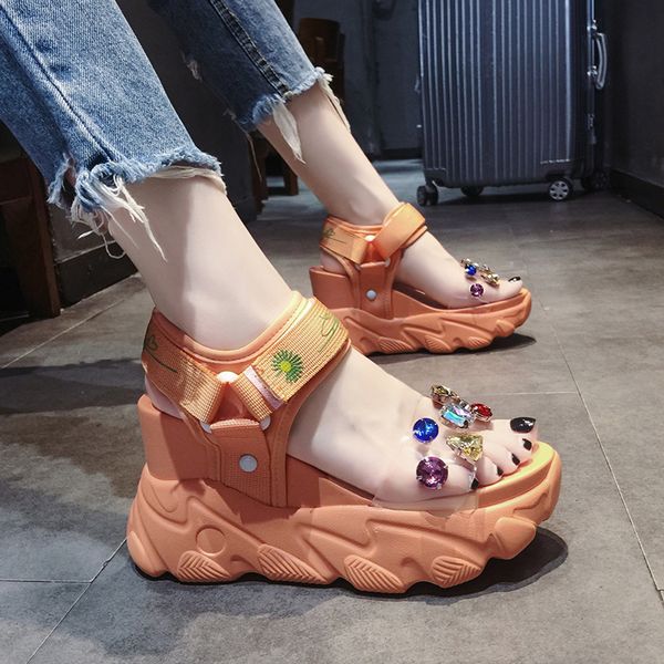 

dress shoes wedges multicolor crystal clear band daisy women sandals net celebrity embroider elevated sun flower sandalias 2021, Black