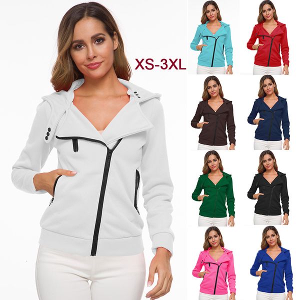 

aksr women's hooded sweatshirt oblique zipper fashion beautiful female slim long sleeves coat multi-size xs-3xl, Black