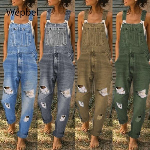 

wepbel shoulder strap ripped denim jumpsuit women jeans long pants denim overalls sports women's casual jeans trousers, Blue