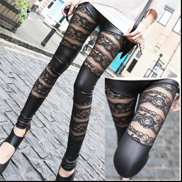 

new fashion lace patchwork artificial leather close fitting pants leggings black for women girls pantalon femme