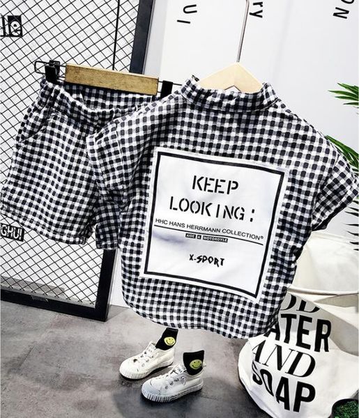 

summer fashion baby boys clothes set short sleeve shirt plaid suit for boys children clothing cotton costume for kids suits cl200916, White