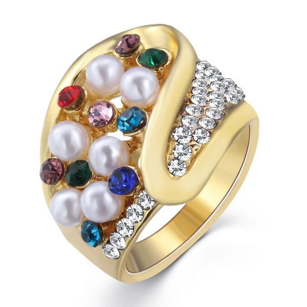 

wedding rings colorful zircon ring imitation pearl gold-plated geometric shape fashion exaggerate style engagement jewelry for girlfriend, Slivery;golden