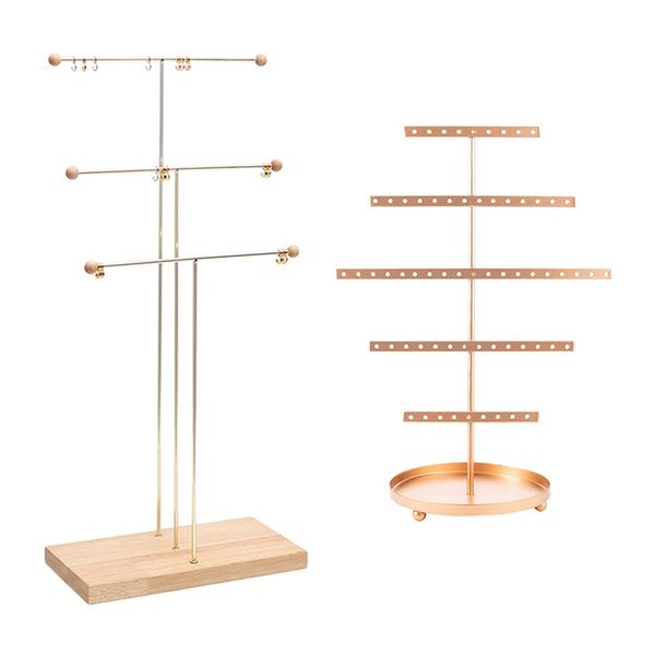 

1 pcs 3 tier tablebracelet organizer display tree jewelry holder & 1 pcs gold earring bracket earring display stand, Pink;blue
