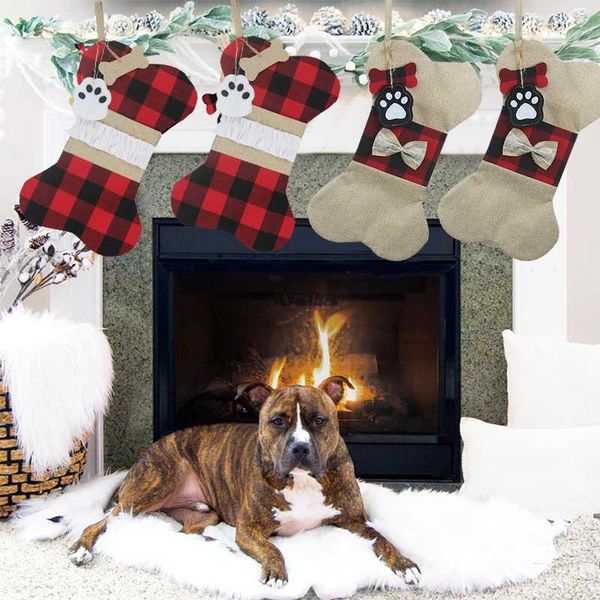 

christmas decorations stocking burlap plaid large bone shape for pet dog classic hanging snake bag home decor
