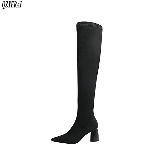 

new winter over knee boots genuine leather women boots stretch cylinder with deerskin socks woman warm women shoes, Black
