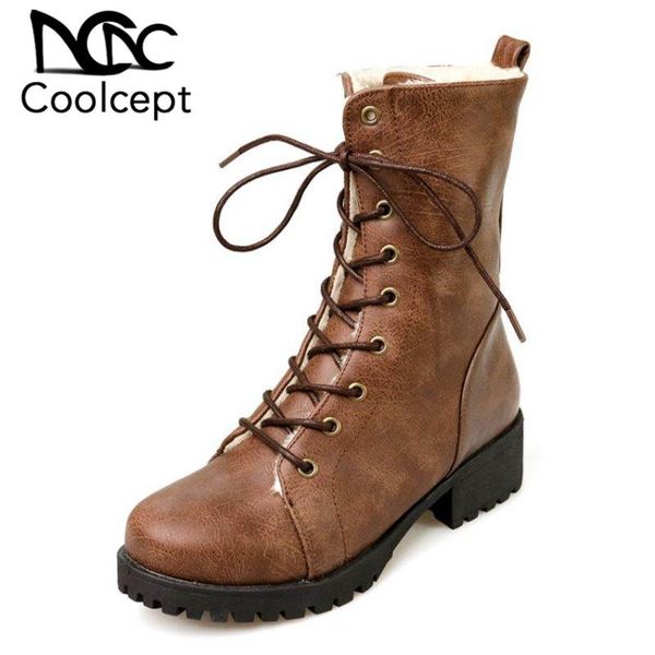 

boots coolcept women half short winter warm plush flats shoes snow casual lace up thicken fur footwear size 33-42, Black