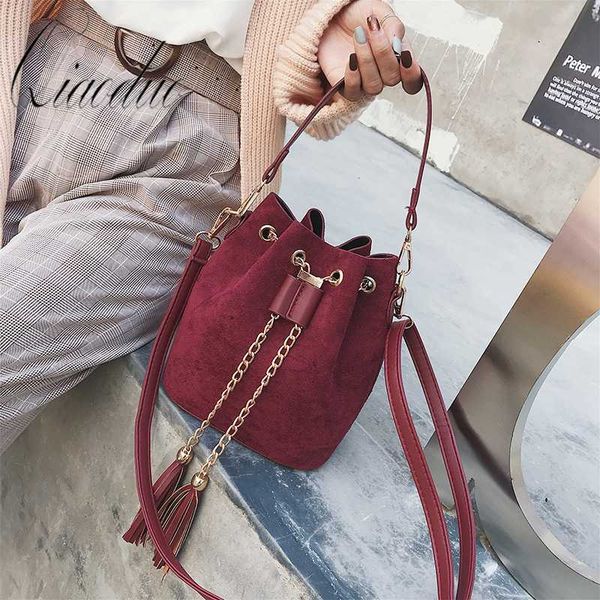 

qiaoduo 2020 women suede shoulder bags tassel bucket bags for girls crossbody women's bag sac a main femme
