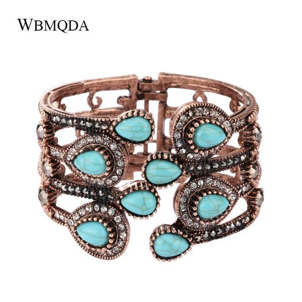 

ethnic blue stone crystal peacock feather wide bracelets for women vintgae bangles antique gold bohemian jewelry, Black