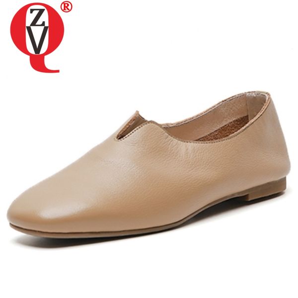 

zvq shoes women 2020 spring new concise casual genuine leather women flats outside comfortable square toe shoes, Black