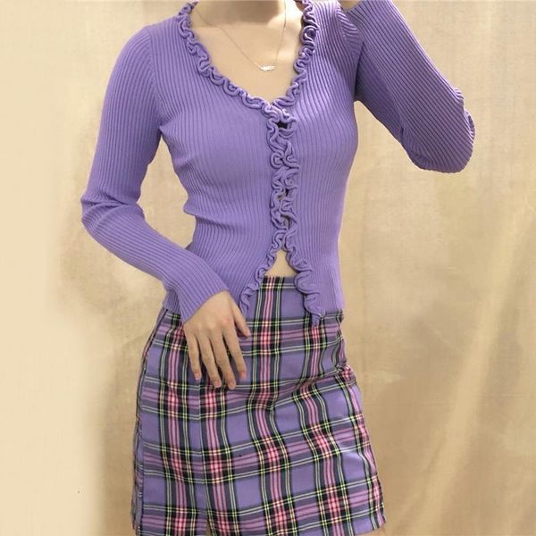 

женщины v шеи жабо обрезка knit cardigans vintage вязание ребристые топ с окантовка detail drop доставка, White;black