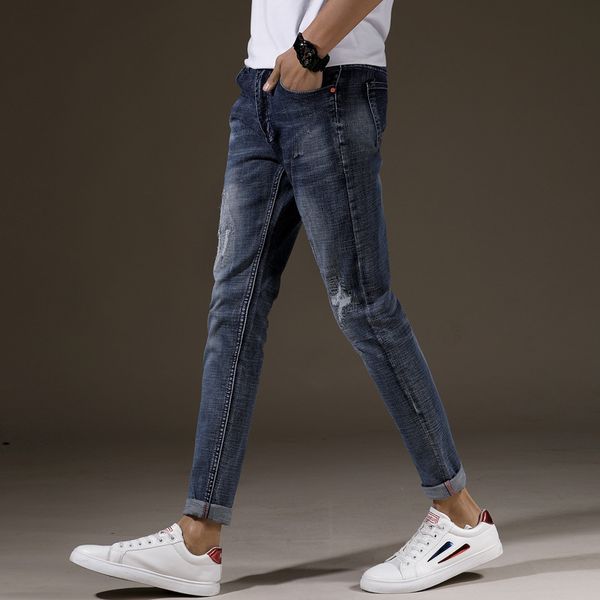 

men's jeans fashion and personality characteristics of printed stretch feet cultivate morality cowboy pants high street wind, Blue