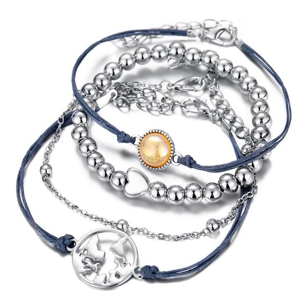 

charm bracelets 4pc/set personality map heart beaded bracelet female creative stone rope chain adjustable for women hand accessories, Golden;silver