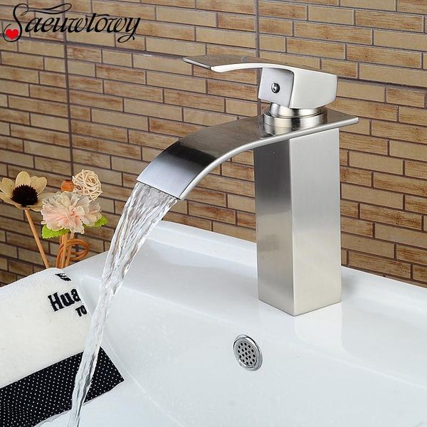 

single handle water brushed nickel bathroom basin faucet waterfall spout cold sink mixe tap t200107