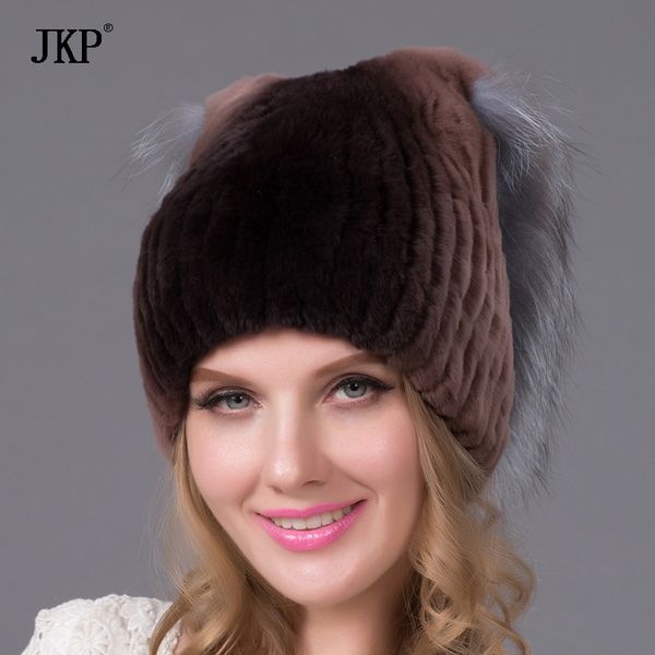 

beanie/skull caps russian winter fur hats for women rex hat silver lining pom knit with cap, Blue;gray