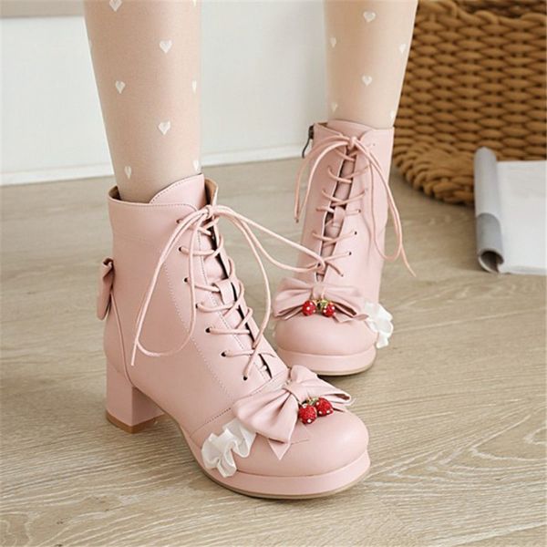 

pxelena japanese lovely princess lolita cosplay uniform ankle boots women butterfly-knot strawberry ruffles student shoes 34-45, Black