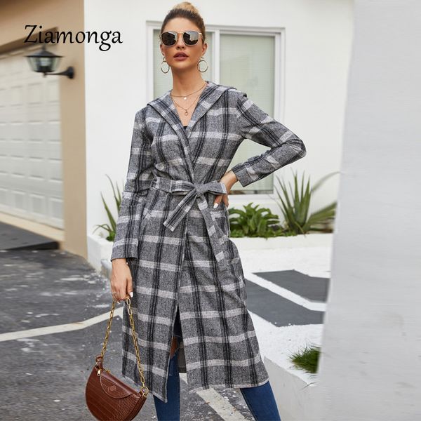 

ziamonga woman autumn plaid long coat fashion hooded collar long sleeve straight trench coats plus size xl women overcoat coats, Black