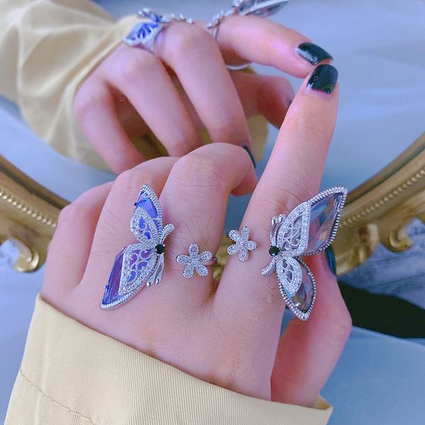 

cluster rings statement flower butterfly open for women 2021 trends jewelry personality crystal big ring adjustable bijoux, Golden;silver