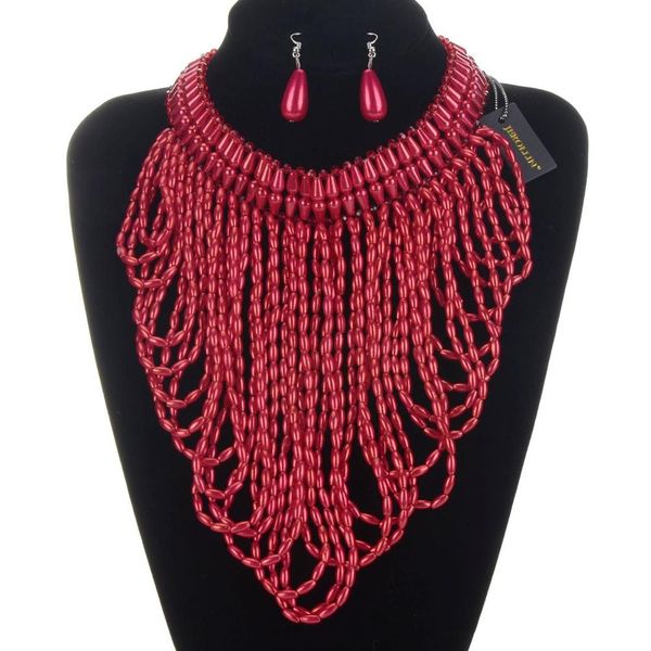 

fashion jewelry set resin pearl beads choker collar statement bib pendant earring set tassel choker necklaces kolye collares, Silver