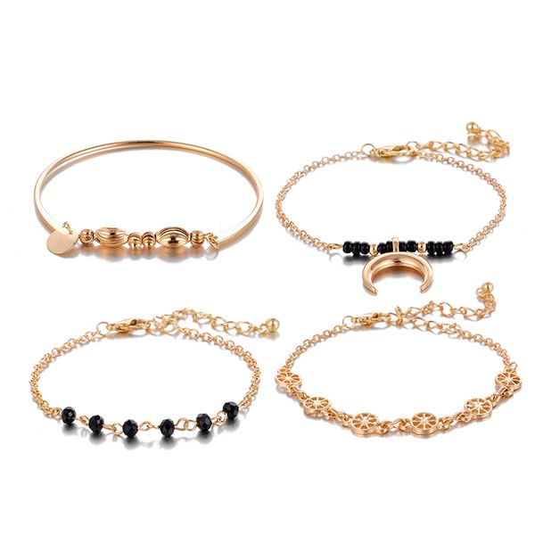 

4pcs/set boho black beads crescent charm bracelet for women gold alloy chain bracelets set fashion jewelry 10093, Golden;silver