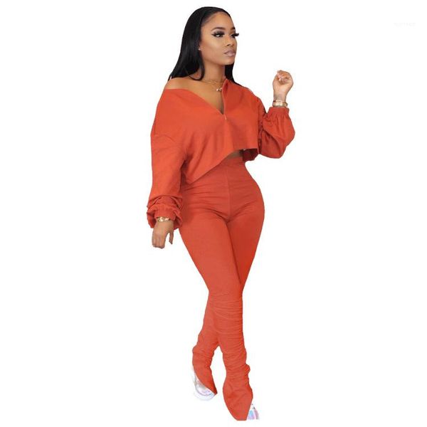 

solid color women designer clothes woman 2 piece outfit autumn v neck long sleeve tshirt pants sets, White